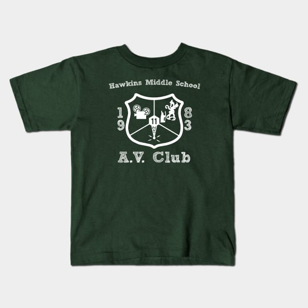 Hawkins Middle School A.V. Club White Kids T-Shirt by Smidge_Crab